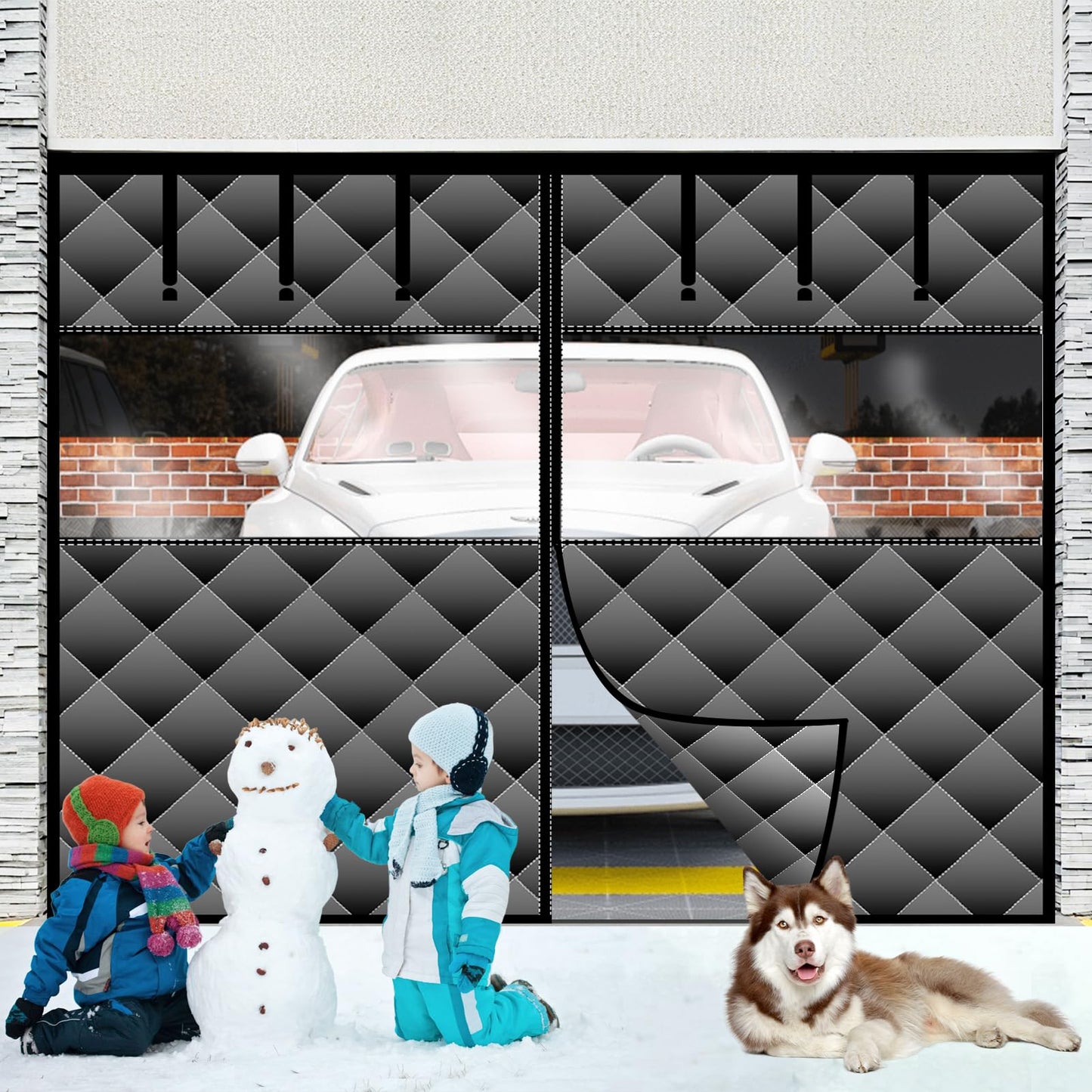 Magnetic Thermal Insulated Door Curtain with Detachable Visible Windows, Thicken Polyester Fiberfill & Durable Oxford Fabric, Hands Free Windproof Door Screen, Fit Doors Size Up to 9 x 7 FT, Black