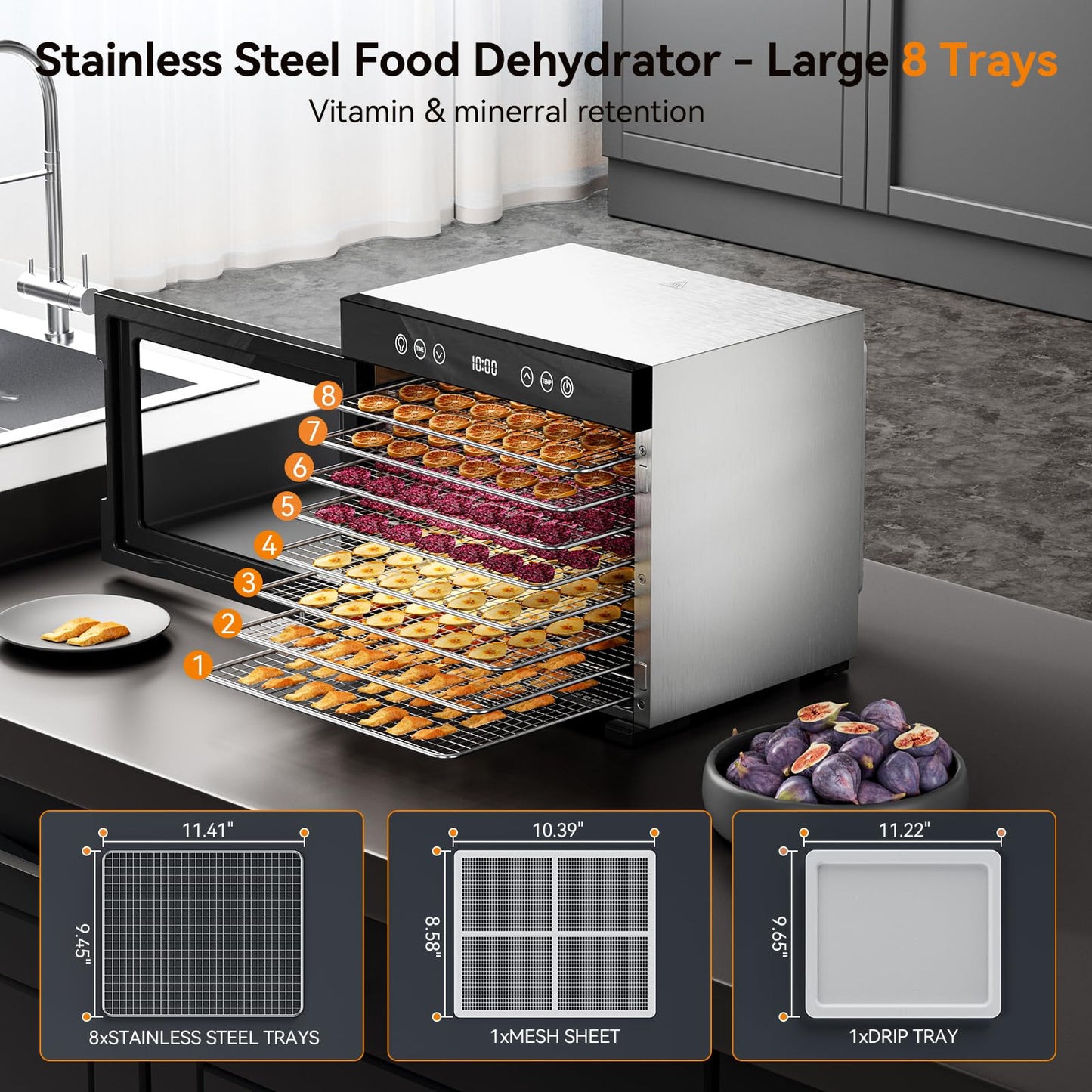Food Dehydrator, 650W Powerful Fruit Dryer Machine with Adjustable Timer & Temperature, 8 Stainless Steel Trays, Quiet Operation, for Jerky, Fruits, Herbs, Dog Treats
