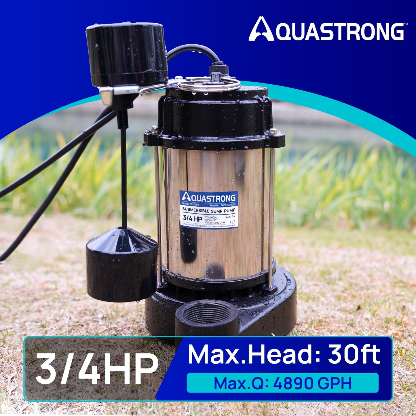 Aquastrong Sewage Grinder Pump, Cast Iron Effluent Pump, Auto Float Switch for Basement Sump Basin and Sewage Well, 2 inch Discharge, Stainless No Grinder with Piggy-back Plug