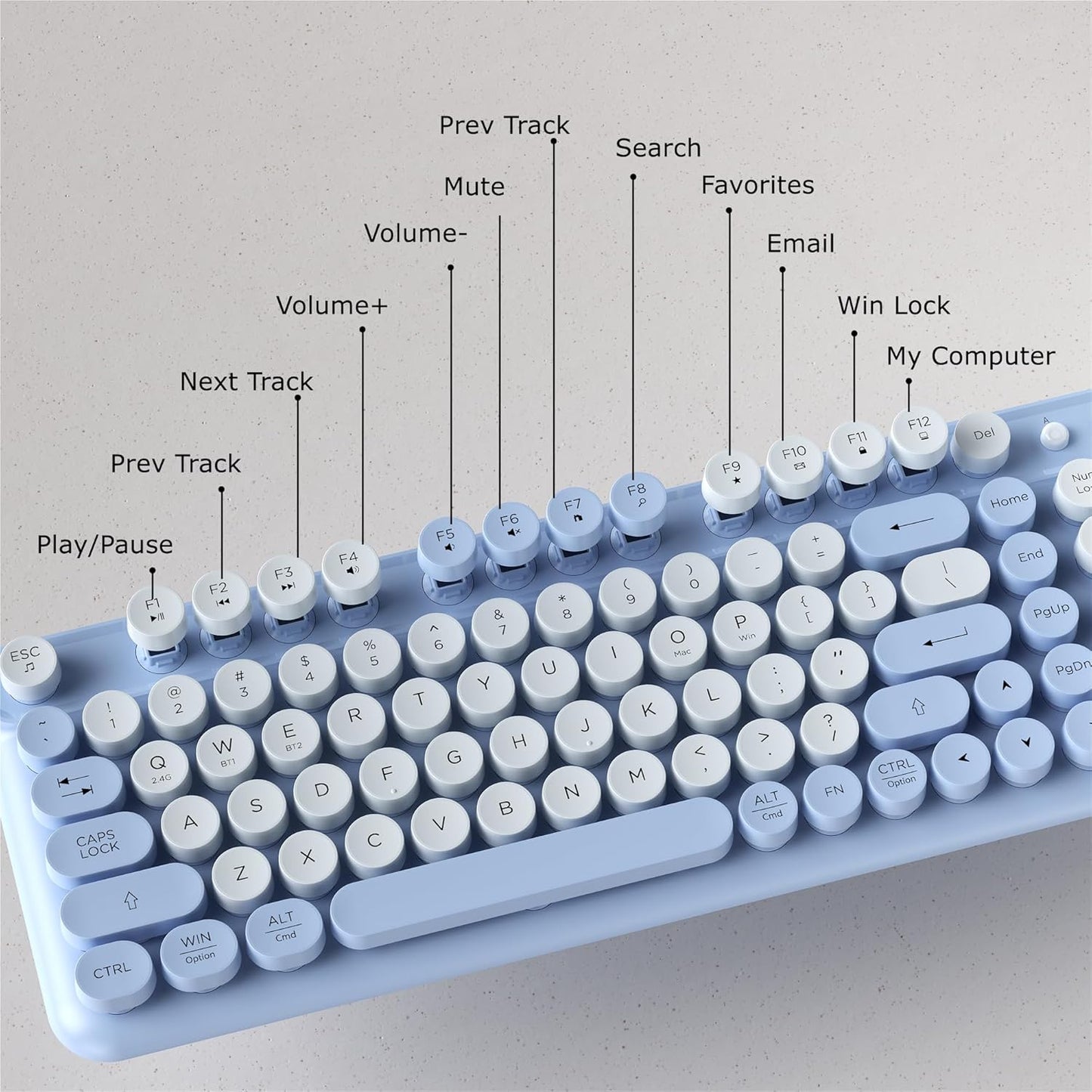 COVEVA 2.4GHz Wireless Bluetooth Keyboard - Full Size Retro Round Typewriter Style Wireless Keyboard with & Bluetooth