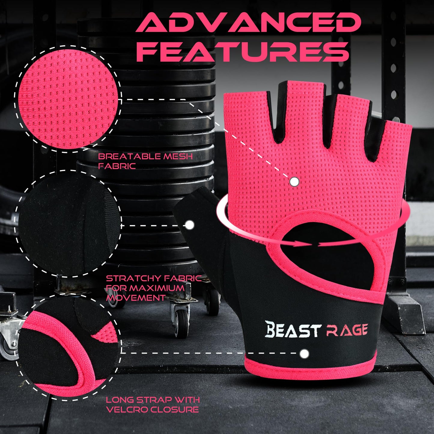 BEAST RAGE Workout Gloves for Men Gym Gloves for Weightlifting Women Fingerless with Palm Protection Padding, Breathable and Lightweight Weight Lifting Glove Cycling Pull Up (Magenta, M)
