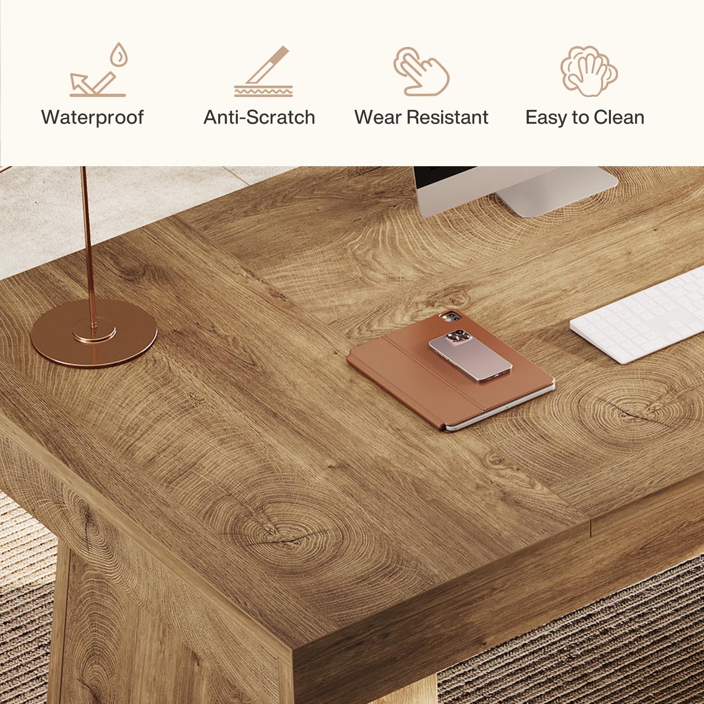 Tribesigns 55-Inch Executive Desk, Thick Wood Office Computer Desk with Double Pedestal, Modern Minimalist Workstations Writing Table Conference Table Furniture for Home Office, Brown
