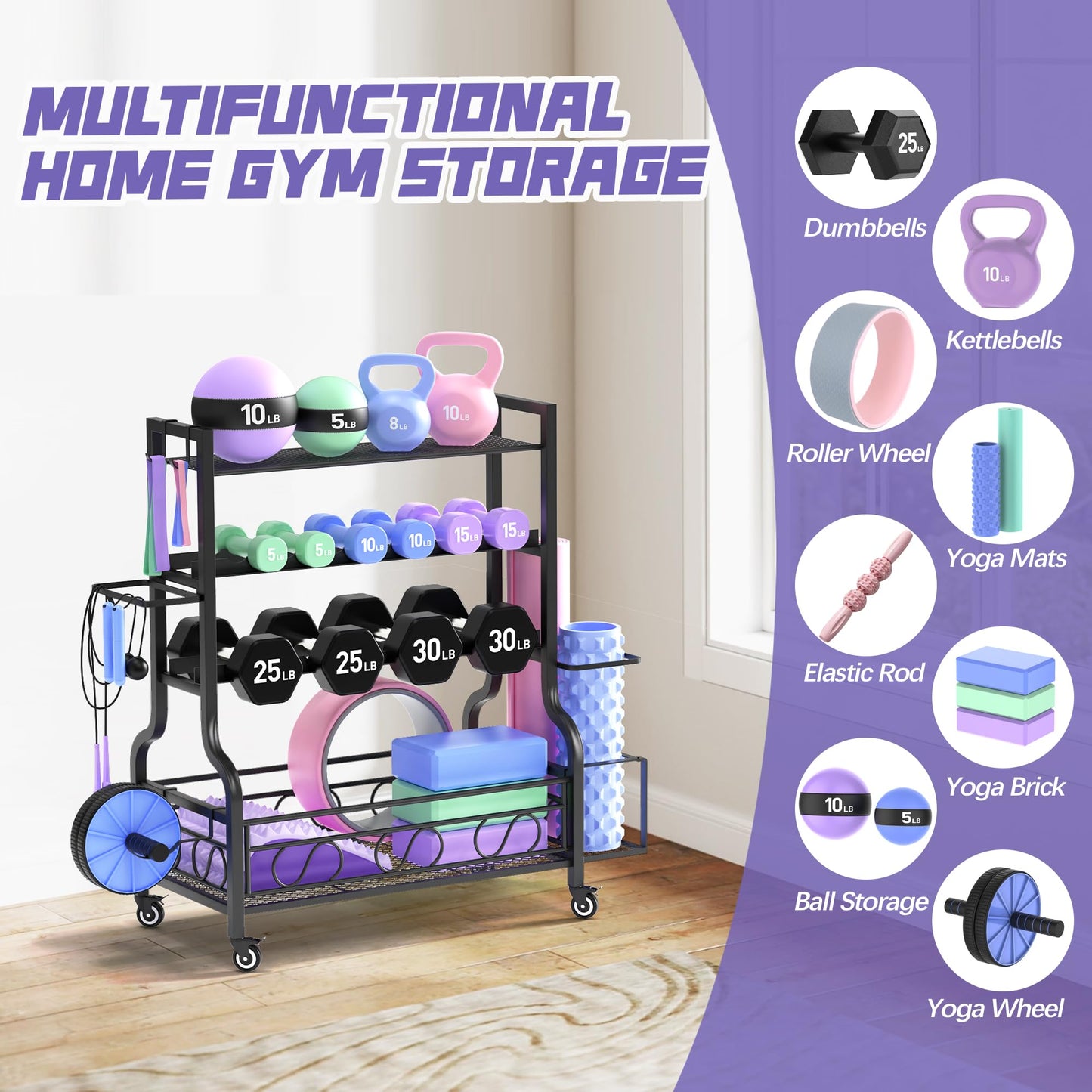 Dumbbell Weight Rack, Home Gym Storage for Kettlebells Yoga Mat and Balls, All in One Workout Storage with Wheels and Hooks, Powder Coated Finish Steel
