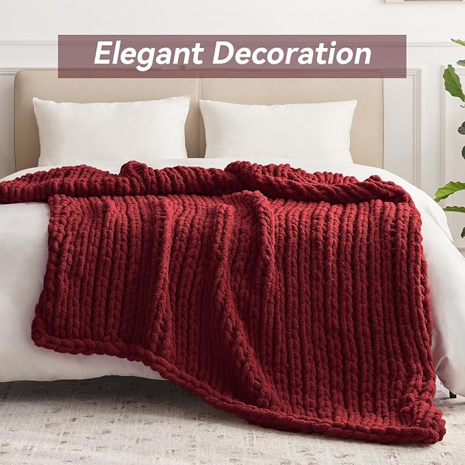 Negwoo Chunky Knit Throw Blanket, 40''*50'' Knitted Throw Chenille Yarn for Bed Couch, Handmade Red Crochet Big Thick Blanket, Machine Washable Cute Comfy Blanket for Home Decor