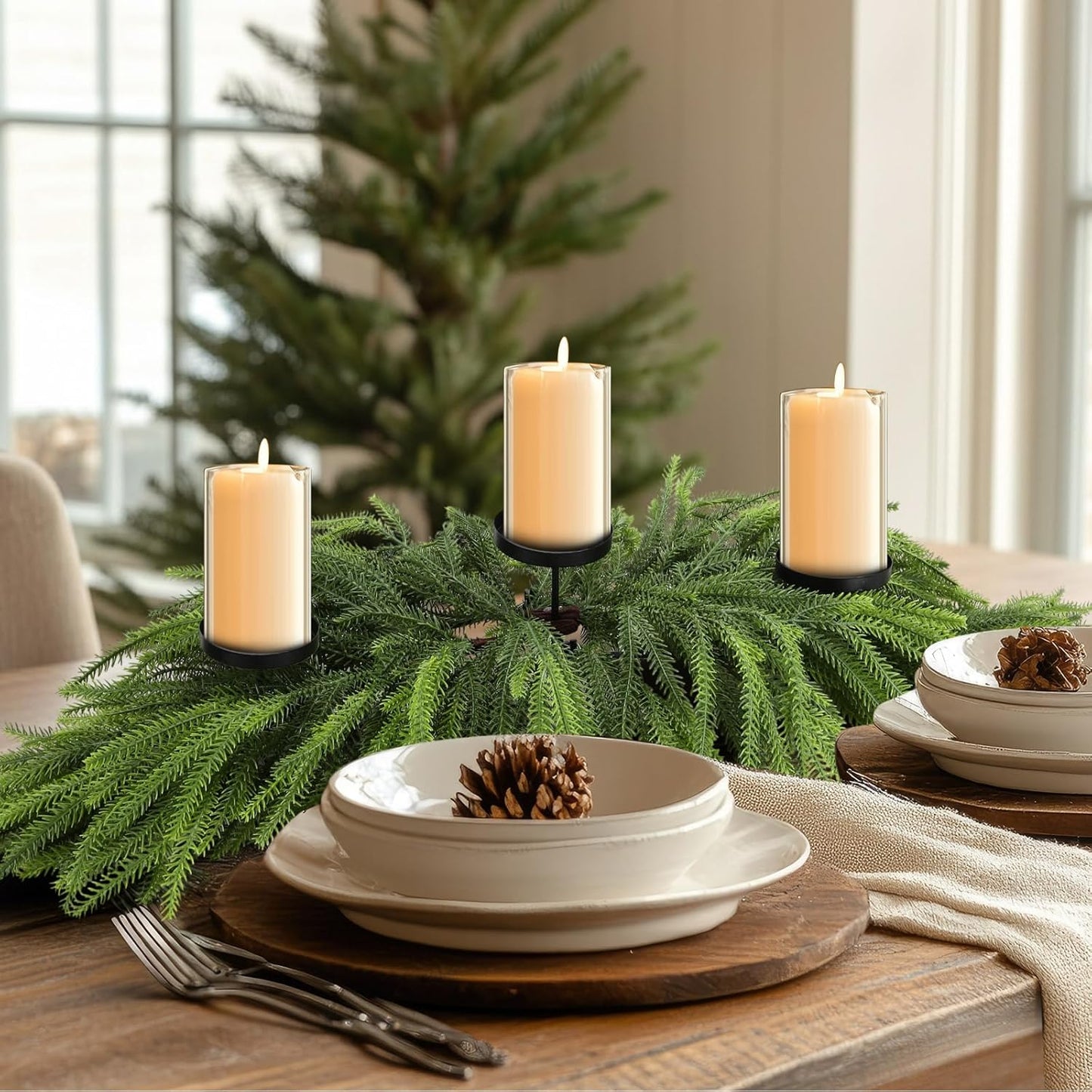 Norfolk Christmas Table Centerpiece - 3 Candle Holders | Pine Needle Holiday Decor for Dining Table
