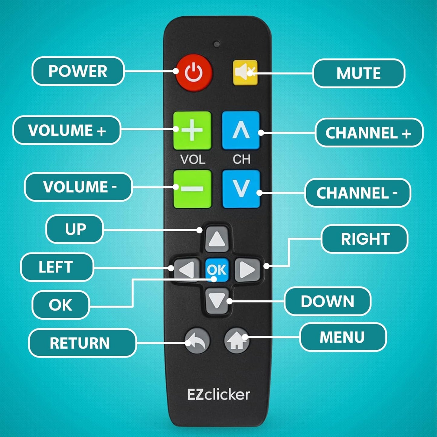 EZClicker (2xAAA Big Button Universal TV Remote (Black) Simple Easy to Use, Great for Seniors, Works with Major TV