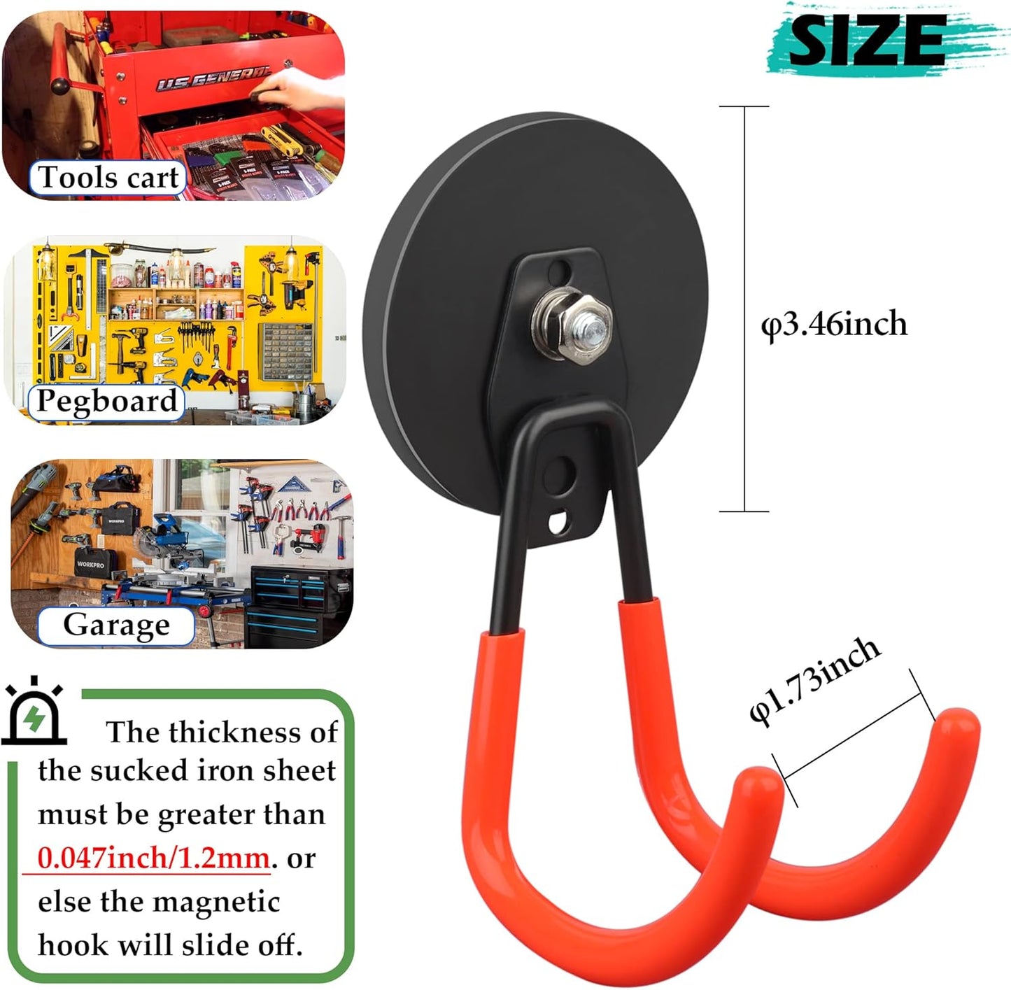 ULIBERMAGNET Heavy-Duty Magnetic Hooks - Strong 3.46-Inch Design for Cables, Tools & More | 2 Pack (Orange)