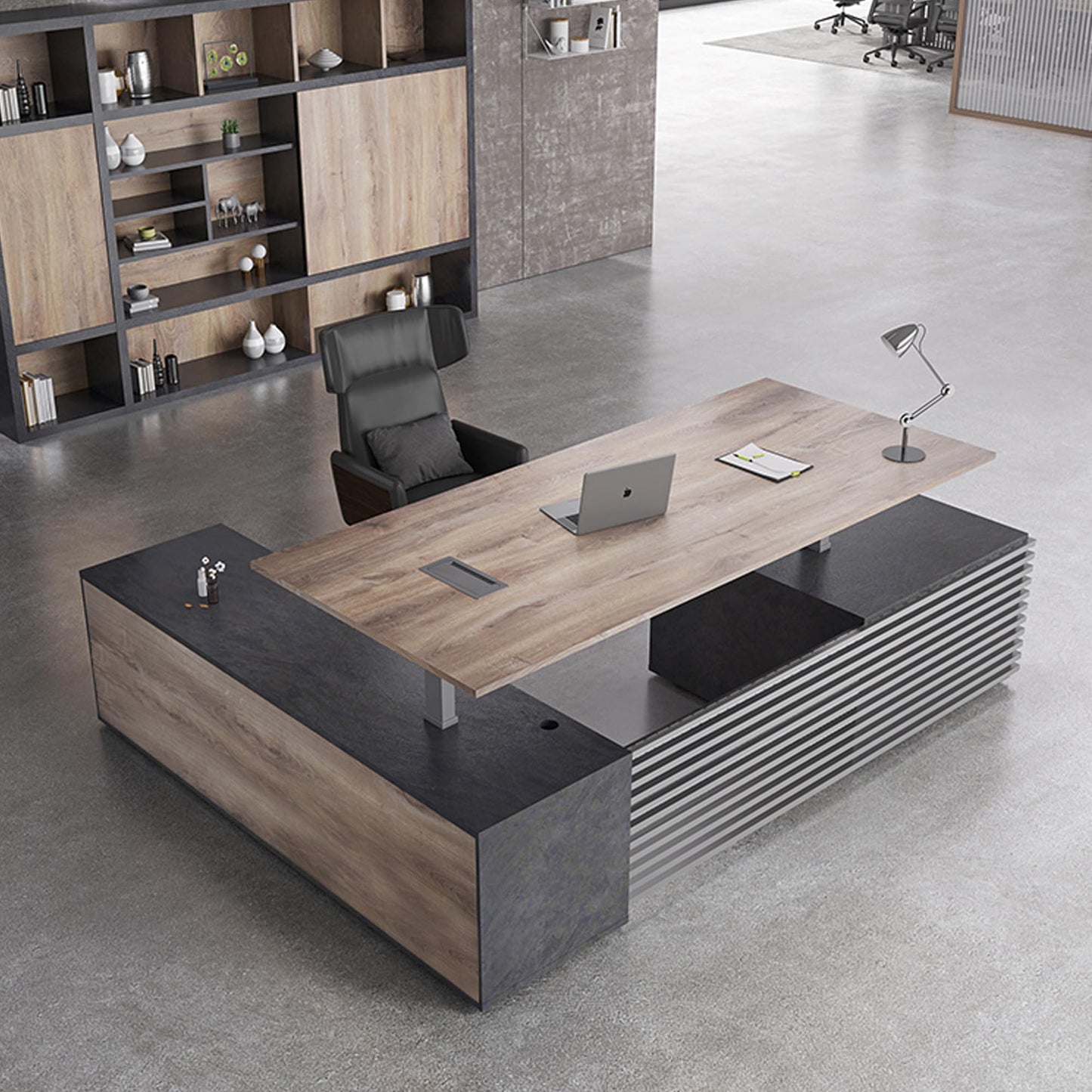 78.74IN Adjustable Heigh L Shaped Executive Desk with Drawers, Modern Executive Standing Home Office Desk w/Universal Charging Ports, Large Business Workstation w/Cord Management,Black and Warm Oak