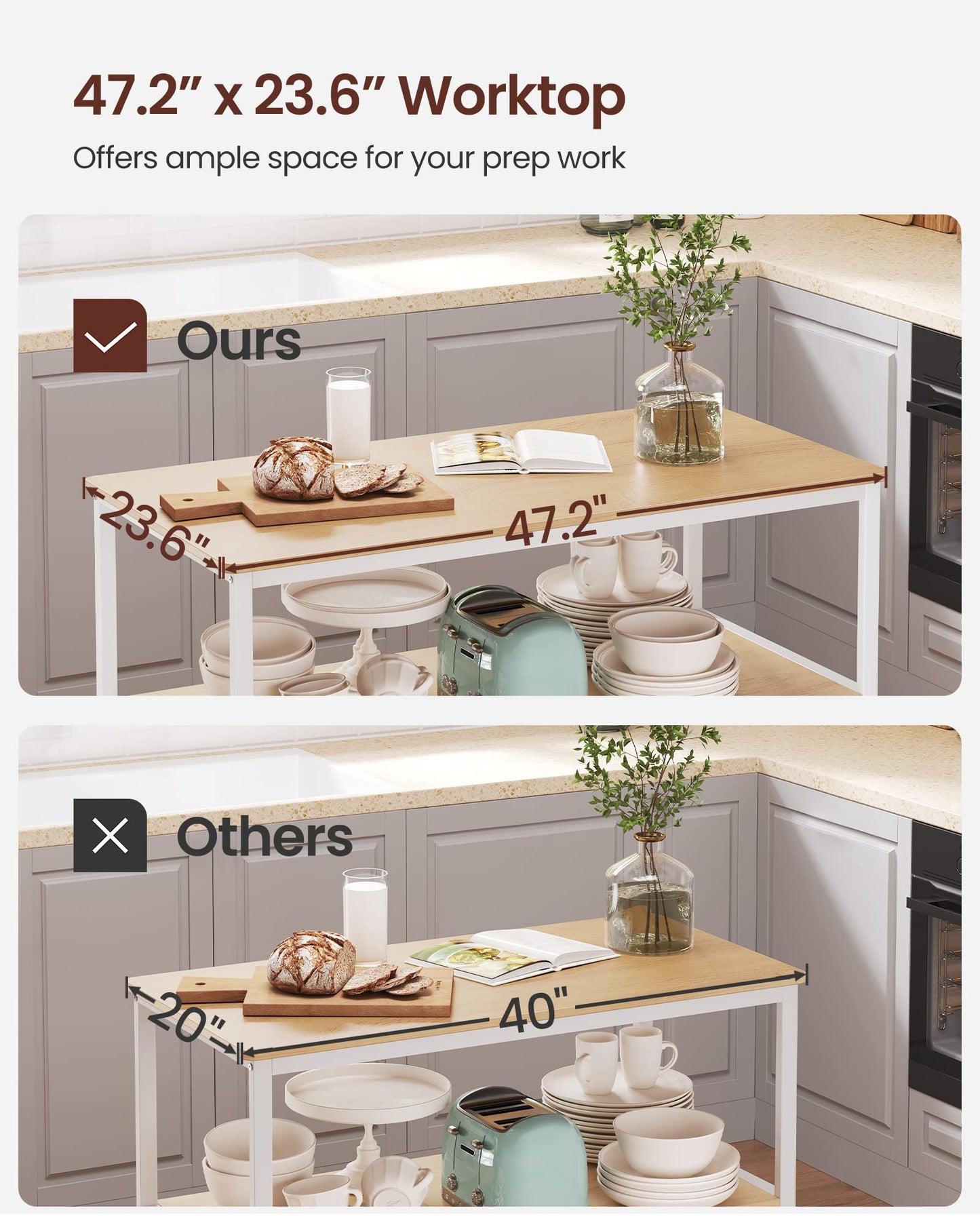VASAGLE Kitchen Island with 3 Shelves, 47.2 Inches Width Kitchen Shelf with Large Worktop, Stable Steel Structure, Industrial, Easy to Assemble, Oak Color and White UKKI001W09