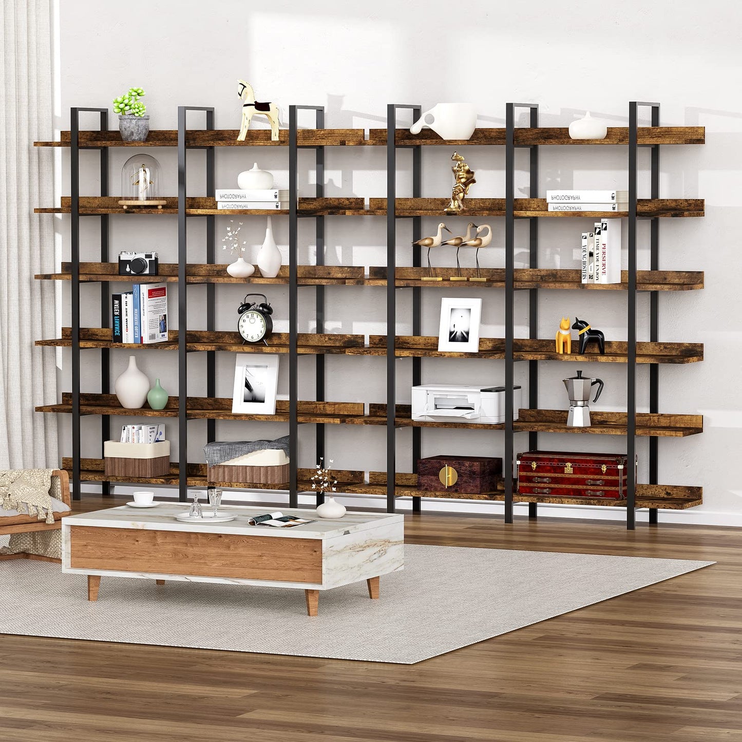 FRAPOW 83Inch Industrial Bookshelf and Bookcase, Double Wide 6 Tier Large Vintage Book Shelf with Metal Frame Open Bookshelves for Living Room Home Office