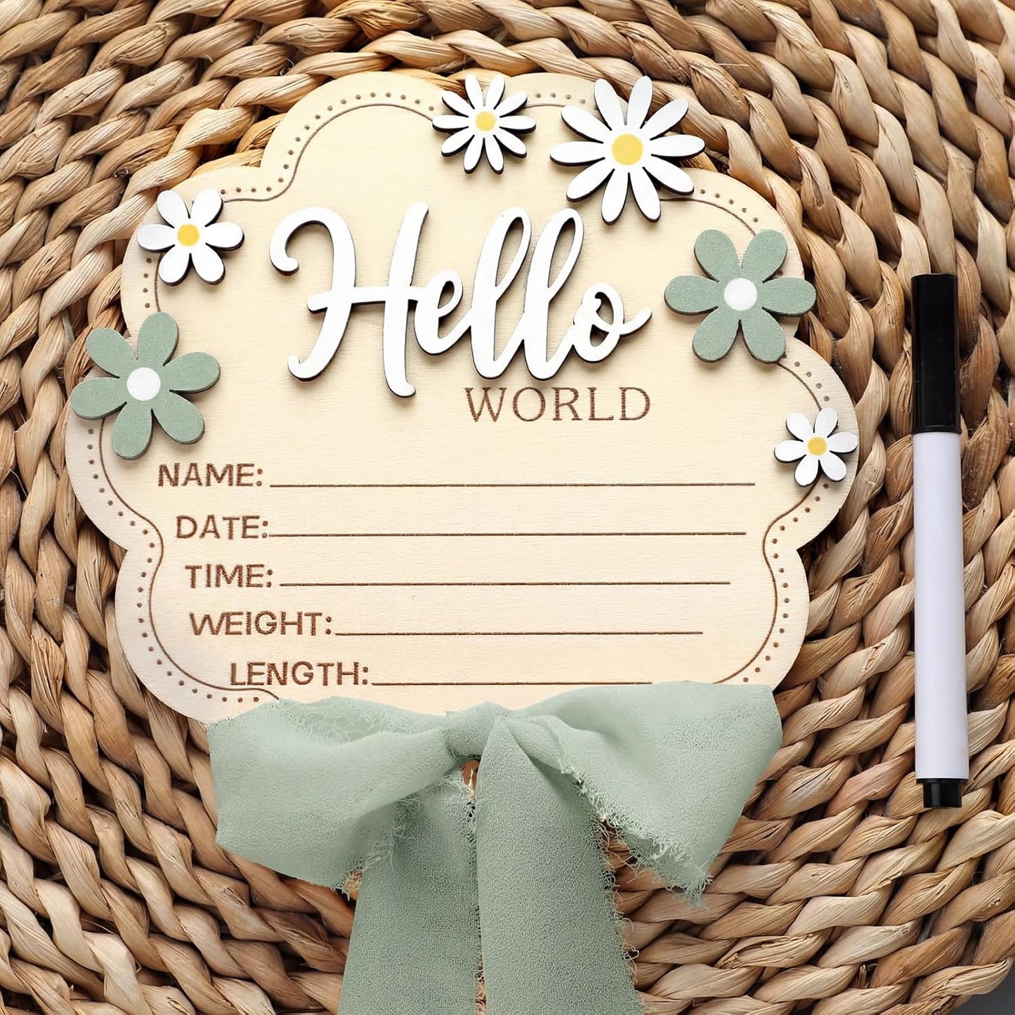 Amyhill Sage Green Bow Hello World Newborn Baby Sign Flower Baby Birth Announcement Sign with Pen Newborn Essentials