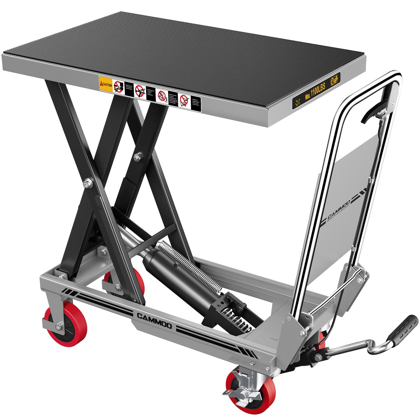 Hydraulic Lift Table Cart, 1100lbs Capacity, 34.7" Lifting Height, Single Scissor Lift with Non-Slip Pad & Safety Guard Foldable Handle for Material Handling and Transportation, Gray