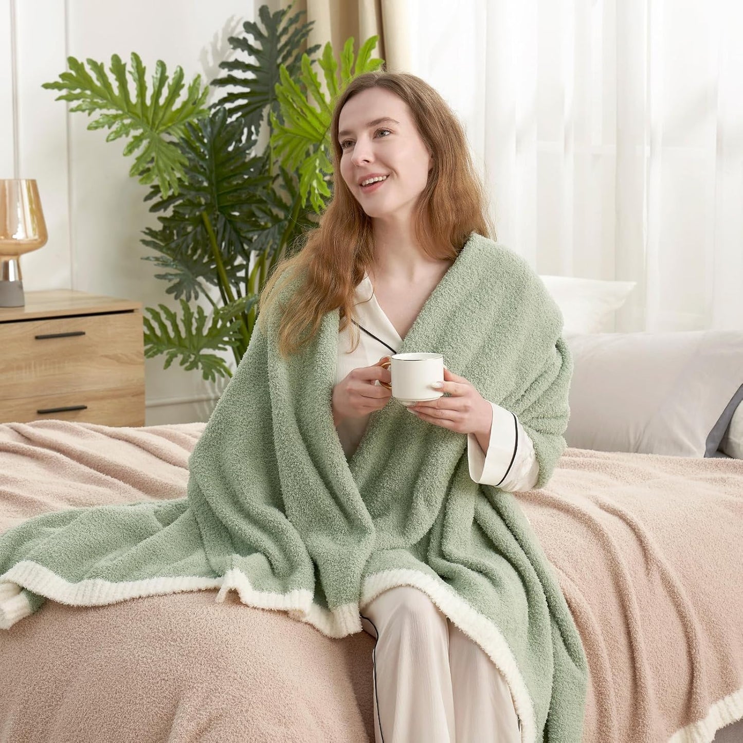 Snuggle Sac Ultra Soft Throw Blanket - Reversible Sage Green Microfiber 50x60 Inches | Cozy Gift for Women