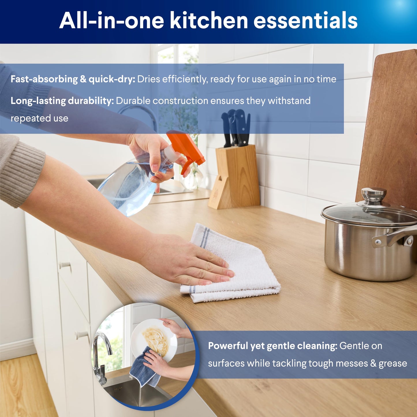 Clorox Premium Kitchen Set - Perfect for Home Cleaning & Handling Dishes - 2 Cotton Kitchen Towels, 2 Cotton Dishcloths, Mini Oven Mitt, Dish Drying Mat, 2 Scrubber Dishcloths - 8 Pc Set