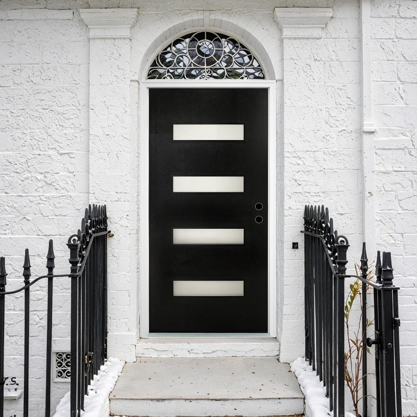 36 x 80 Fiberglass Entry Door with Brickmould, Black Finish Knock-Down Fiberglass Door with 4-9/16 Vinyl Frame, 4-Lite Frosted Glass - Contemporary Style for Home's Front Entrance Left Hand Inswing