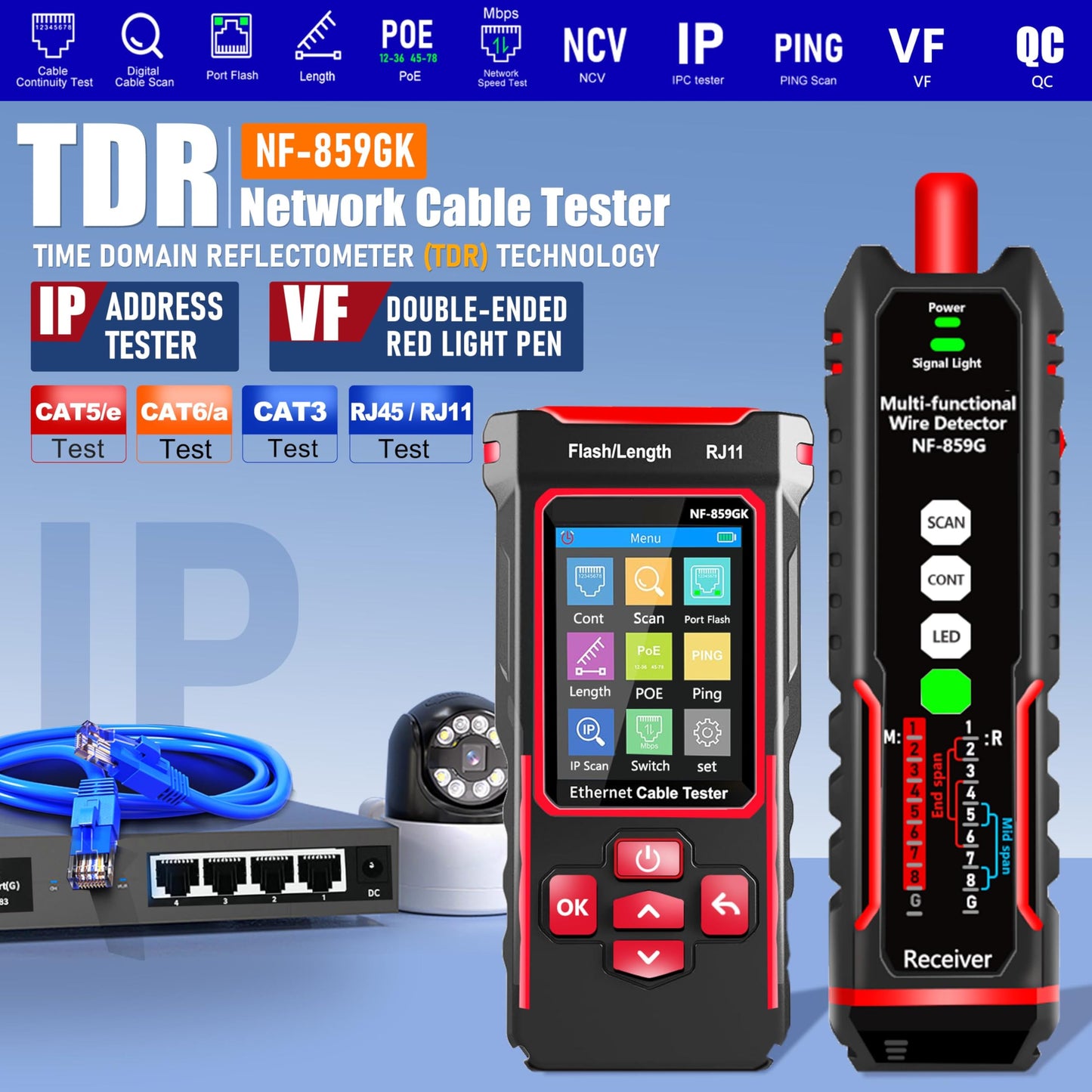 NF-859GK Network Cable Tester TDR Multi-Function with lP Scan CAT5 CAT6 CAT7 PING/POE/RJ45 RJ11 Cable TonerTester for Phone Lines CAT3, Ethernet,Wire Tracer LAN Network Tool Fiber Optic Continuity