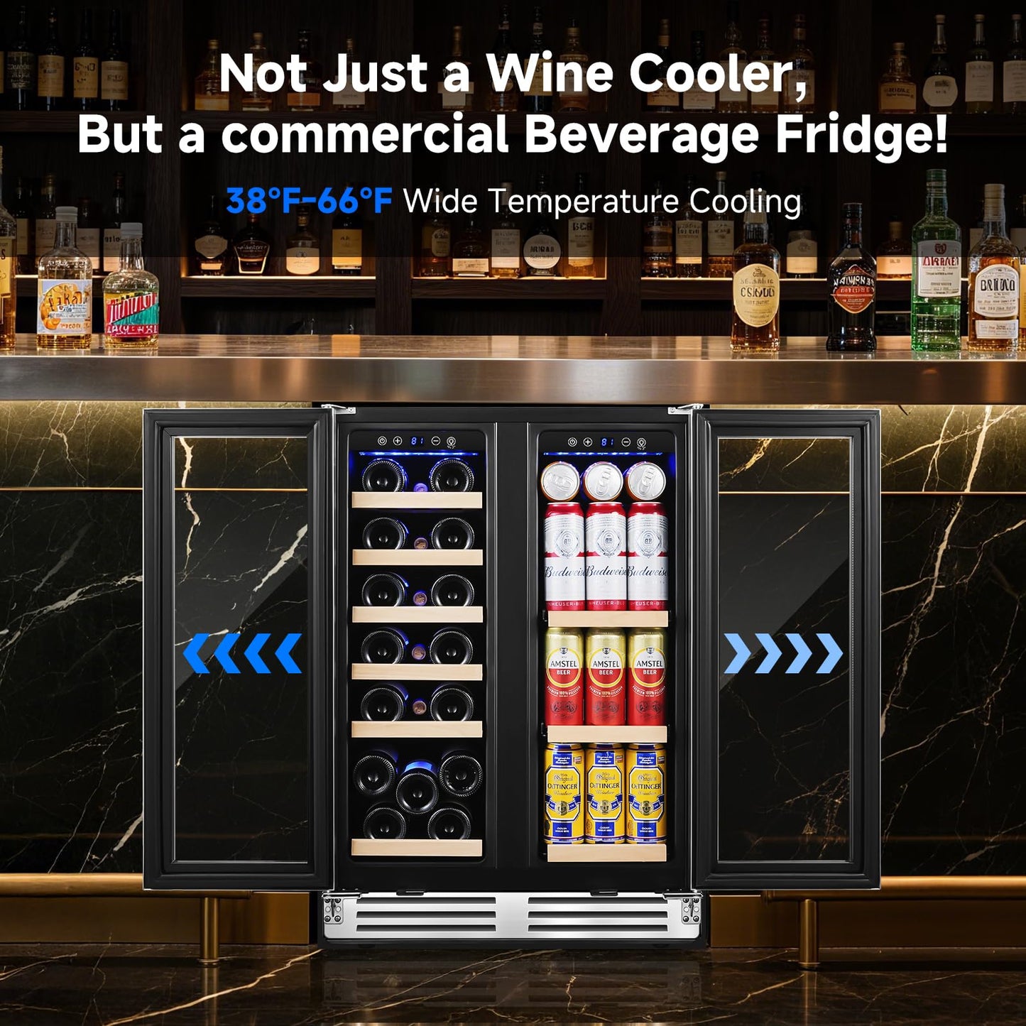 BODEGA COOLER Wine and Beverage Refrigerator, 24 Inch Dual Zone Wine Fridge, Holds 20 Bottles and 74 Count, French Doors, Under-counter or Freestanding Wine Cooler, Beverage Fridge with Tempered Glass