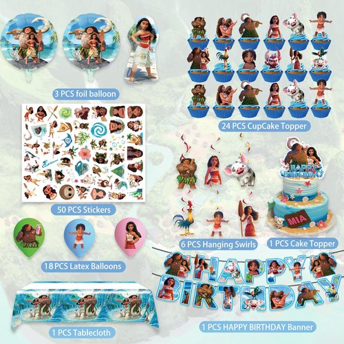 Moana Birthday Party Supplies, 104PCS Birthday Party Decorations Set Include Banner, Balloons, Stickers, Hanging Swirls, Cake Cupcake Toppers, Tablecloth for Moana Party Decorations