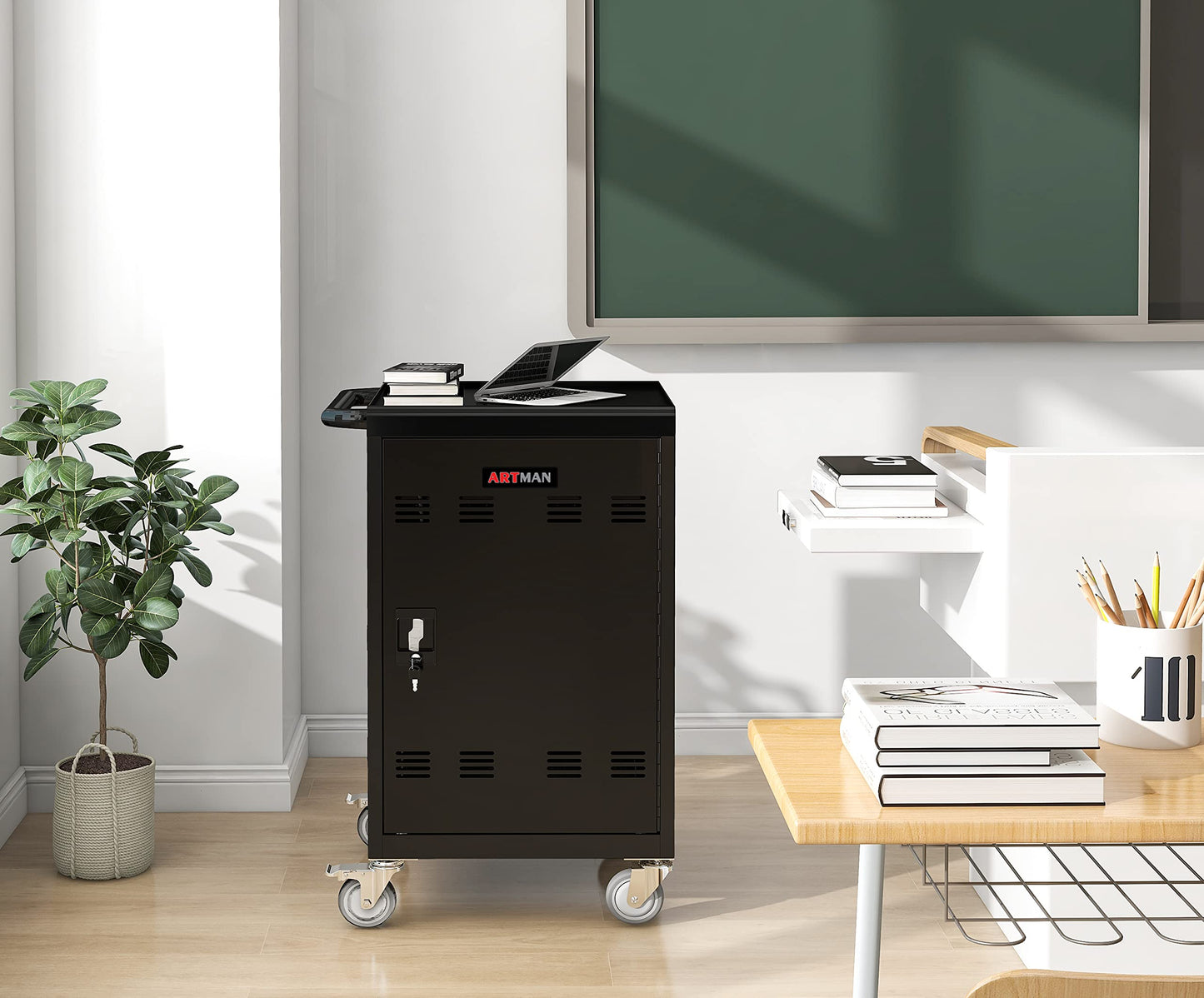 30 Device Mobile Charging Cart, Laptop Charging Cabinet, Mobile Cart, Locking Front and Rear Doors, Surge Protection, Easy Cable Management, Screen Size Up to 16.3 Inch for Classroom, Office Black