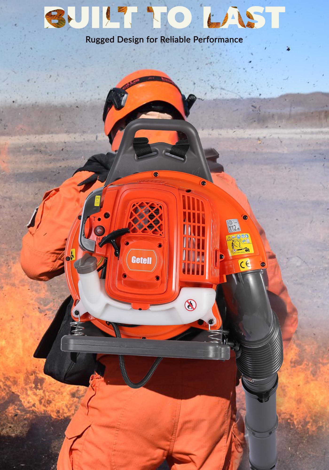 Getell Backpack Leaf Blower Gas Powered - 65CC 2-Stroke Engine, 850 CFM 205 MPH Commercial Grade Yard Blower for Heavy Duty Lawn Care, Wet Leaf & Debris Removal - Lightweight 17.5 LB (Orange)
