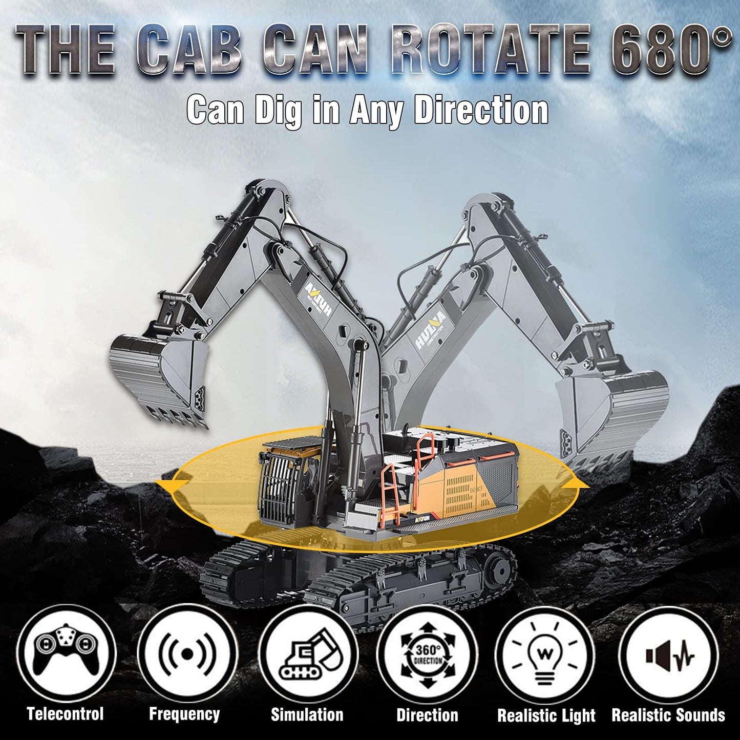 CUTEROOM 1/14 Scale RC Excavator, 22 Channel Remote Control Construction Vehicle with Metal Shovel, 2.4Ghz Excavator with Realistic Lights & Sounds, Rechargeable Battery, Gift for Birthday Christmas