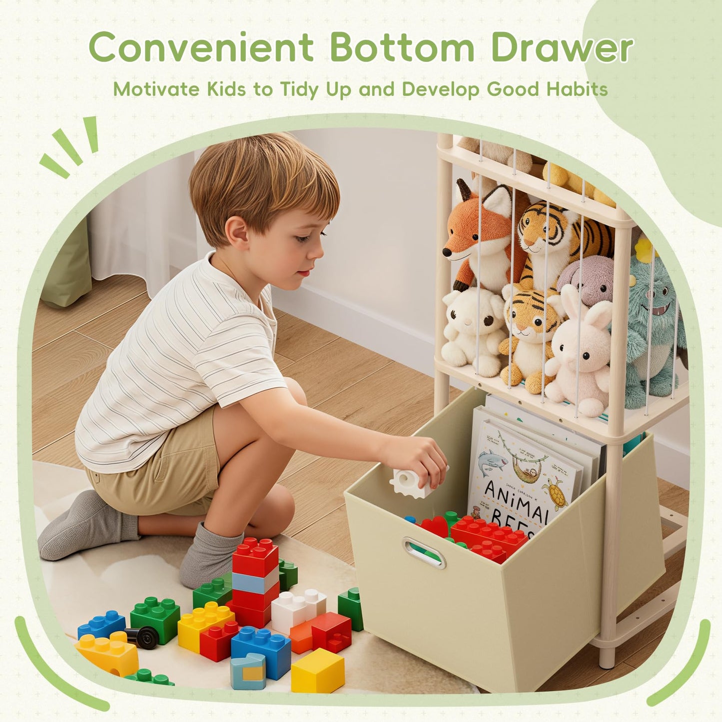 Stuffed Animal Storage Organizer - Large Wooden Toy Organizer with Drawer for Nursery, Bedroom, Kidroom, Natural Pine Material, Space-Saving