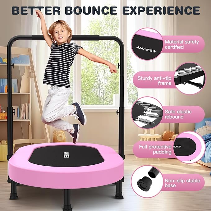ANCHEER 56'' Foldable Mini Trampoline with Adjustable Handle - Indoor/Outdoor Rebounder for Kids & Toddlers Safe Oval Fitness Trampoline with Bar for Home Fun