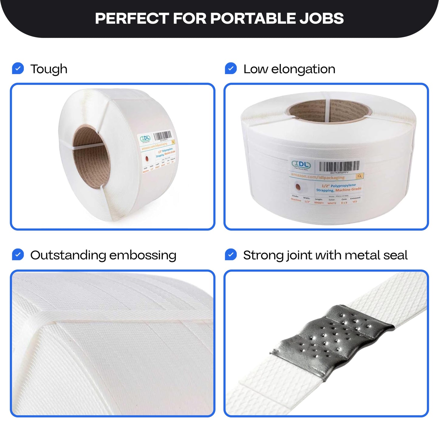 IDL Packaging 1/2" x 9900' Machine Grade Polypropylene (PP) Strapping Roll of 8" x 8" Core Size (350 lbs Break Strength) for Automatic and Semi-Automatic Machines - Lightweight Poly Banding Packaging