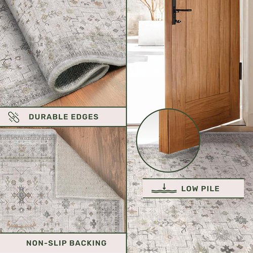 Hazo Haus Boho Light Grey 5x8 Area Rug - Modern Vintage Floral Design, Washable Non-Slip for Living Room & Nursery