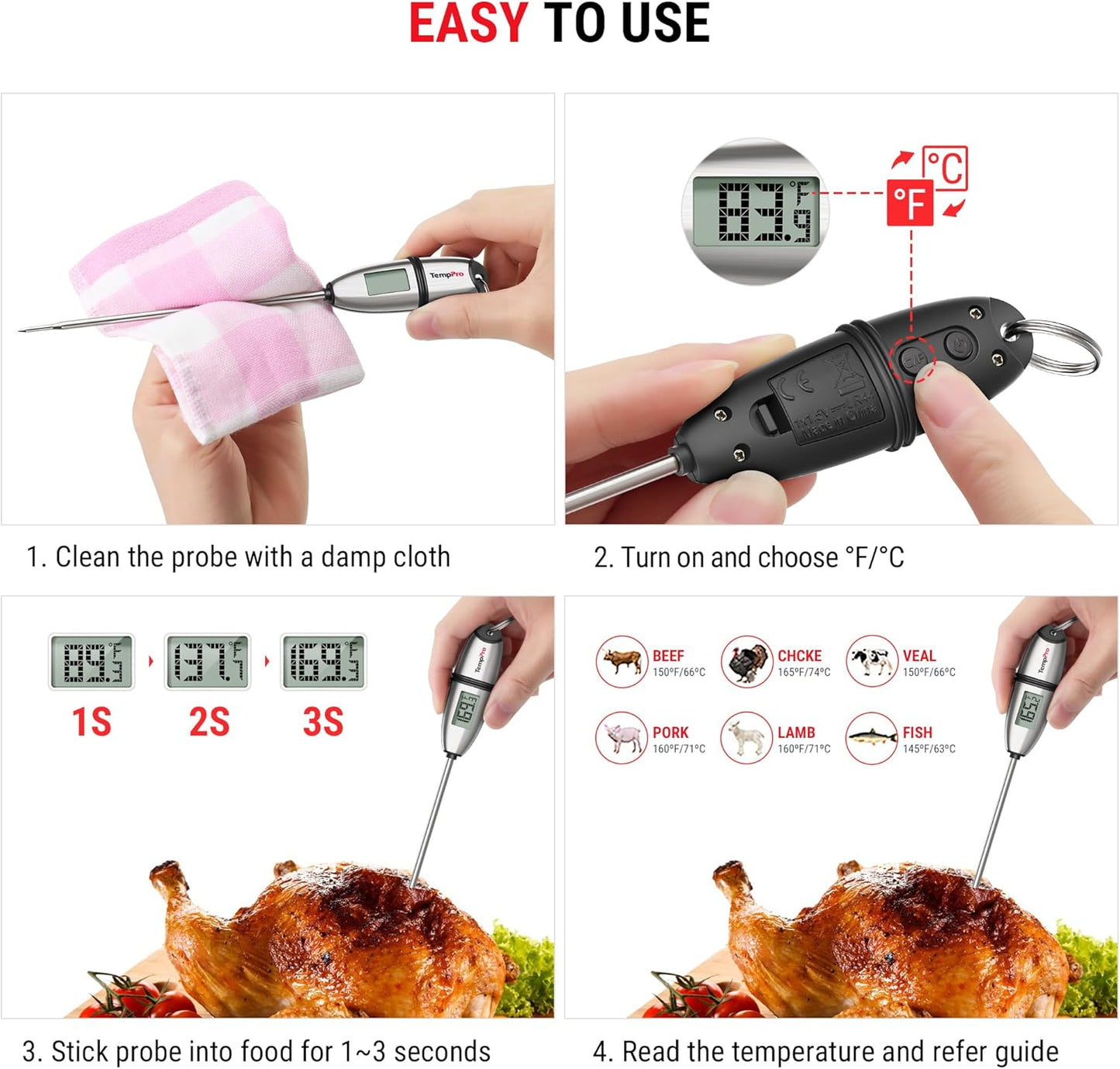 TempPro Digital Food Thermometer - Super Long Probe for Cooking, Baking, and BBQ | Ideal for Meat, Bread, and Candy