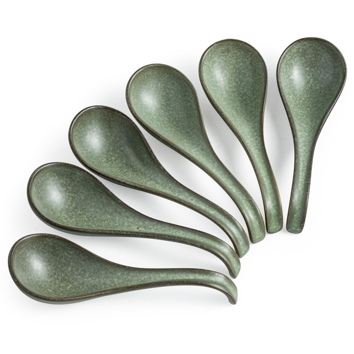 Asian Soup Spoon, Chinese Soup Spoons, Ramen Spoons, Japanese Ceramic Soup Spoon Set of 6,Thanksgiving Christmas Kitchen With Long Handle for Serving, Ramen, Pho, Noodles, Green