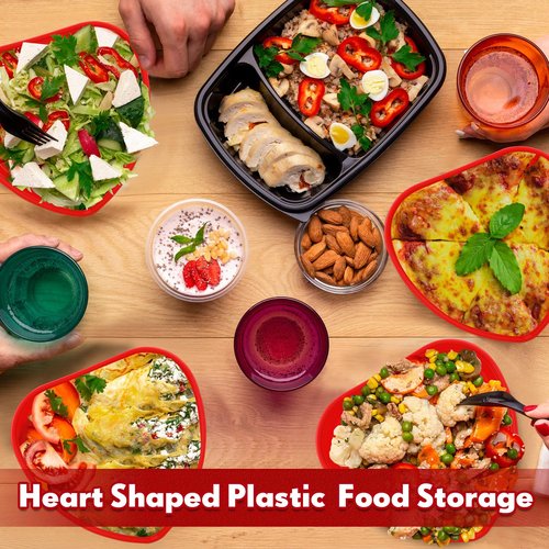 Layhit 60 Pcs Valentine's Day Heart Containers Plastic Food Storage Containers with Lids Heart Shaped Disposable Dessert Lunch Box for Kitchen Restaurant Fruit Vegetable (Red,28 oz)