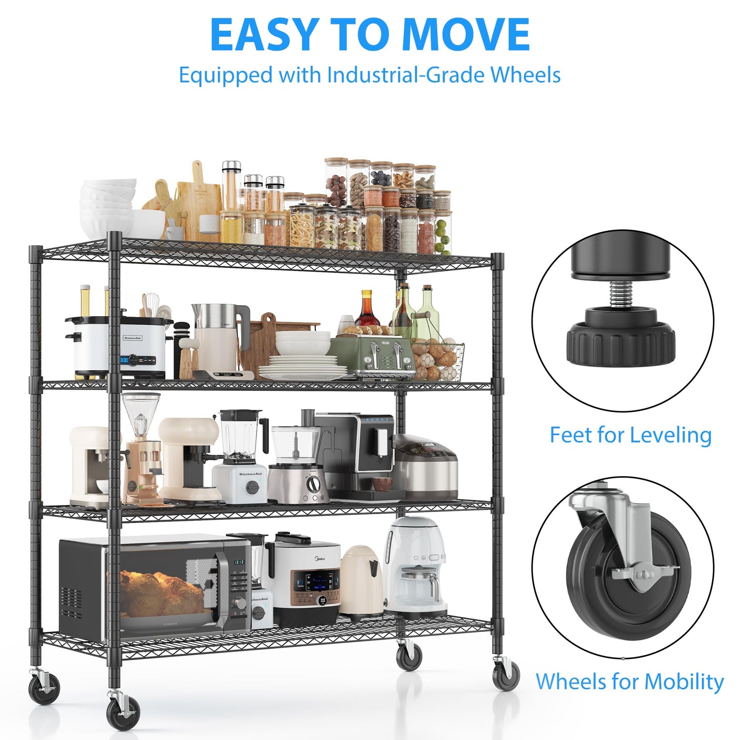 Homdox Heavy Duty Metal Shelves for Storage, 4 Tier Storage Racks and Shelving, Commercial Adjustable Wire Shelving Unit on Wheels, Garage Rack Pantry Shelves Kitchen Shelving, 18"x48"x72", Black