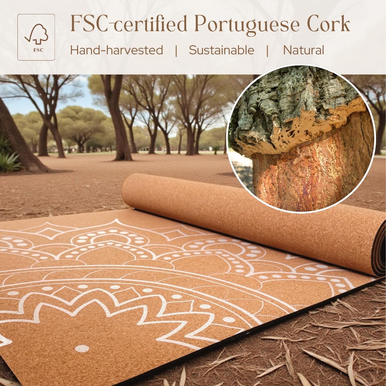Boho Flow Aesthetic Cork Yoga Mat 72” x 26” – Elegant Signature Mandala Design on Quality Portuguese Cork with 5mm Solid Tree Rubber Base for Lasting Stability – Non Slip Grip, Odor Free and Non Toxic – Includes Carry Strap
