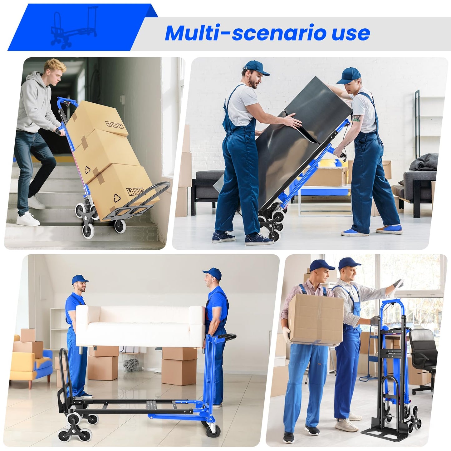 1000LBS Convertible Hand Truck, Heavy Duty Foldable Aluminum Stair Climbing Dolly with Solid Wheels for Moving/Office/Travel (Blue)