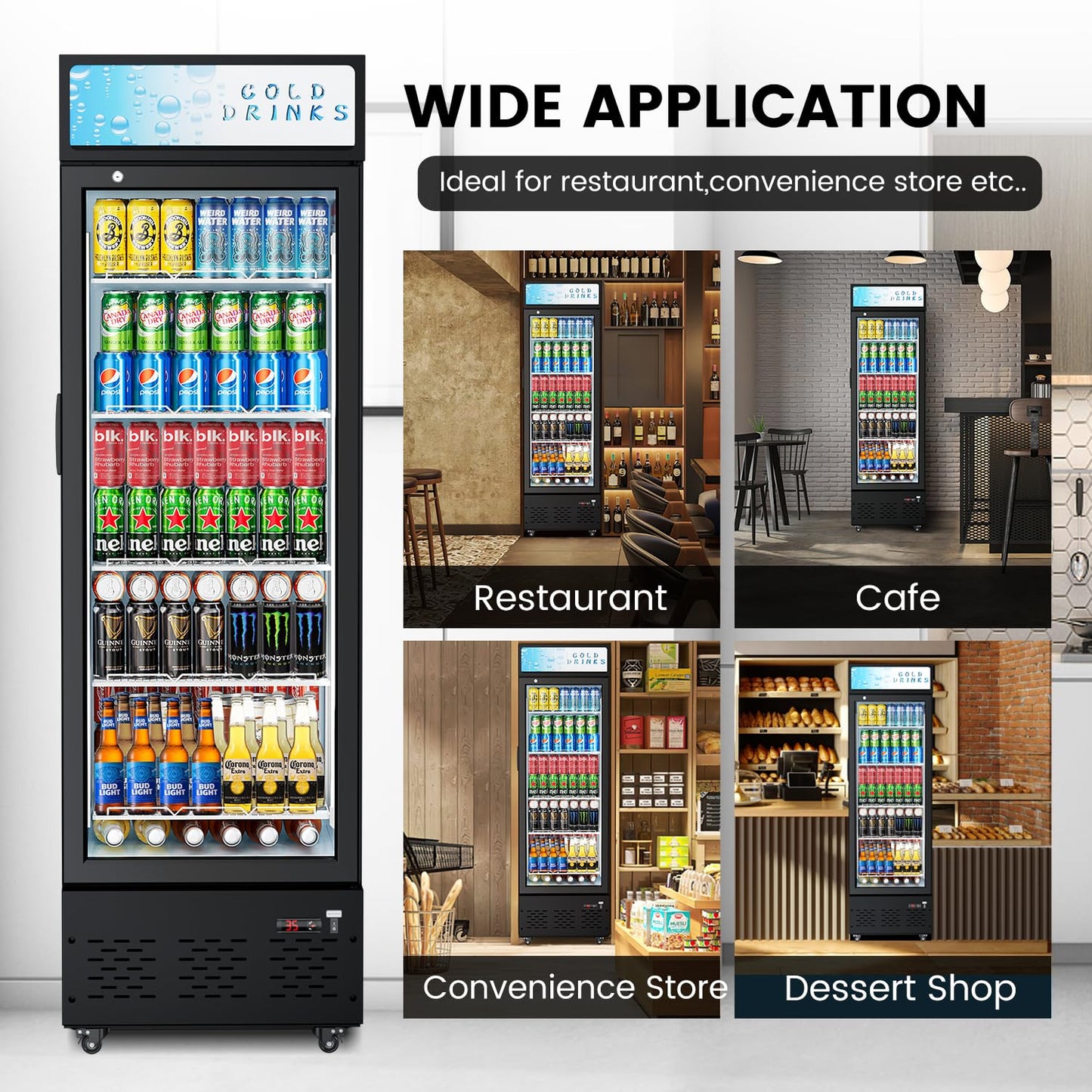 FreezLabs Glass Door Refrigerator Commercial Beverage Refrigerators with LED Light, 11 Cu.ft and 5 Shelves, Display Refrigerator for Cafe Restaurant Store Bar