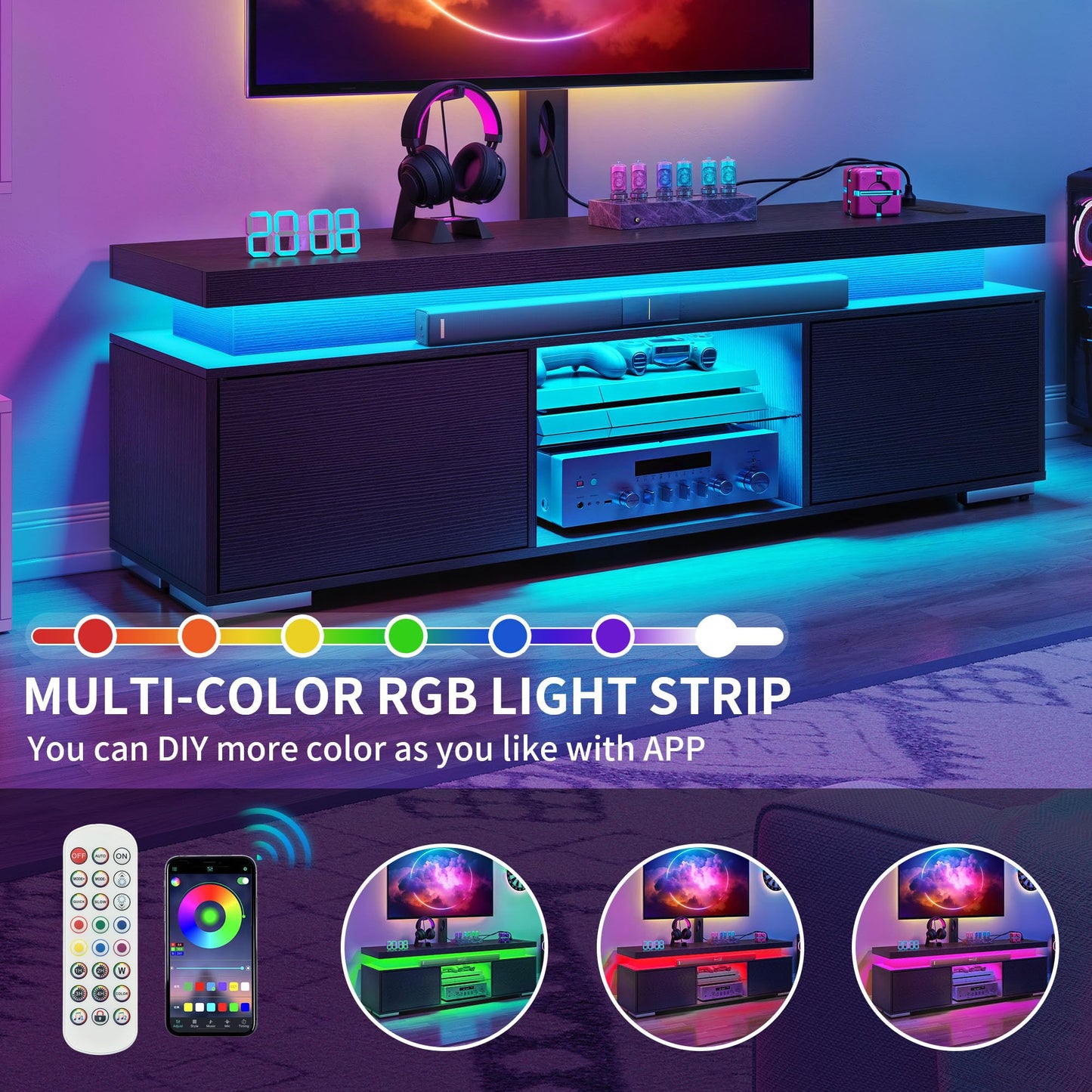 YITAHOME Black TV Stand for Living Room with Height Adjustable Mount, Modern TV Stand for 70/65 Inch TV, LED Entertainment Center with Storage, Media Console Cabinet, Black