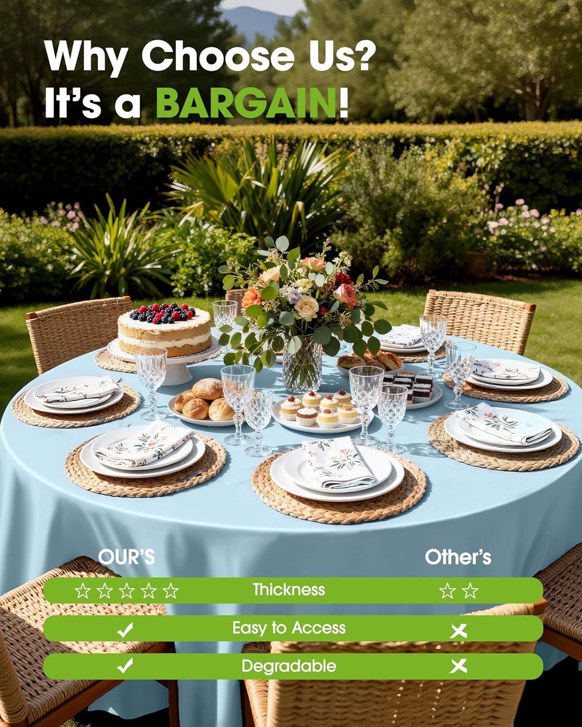Pureegg Disposable Plastic Tablecloths - 84'' Round, Leakproof & Sturdy, Baby Blue | 8-Pack for Parties & Picnics