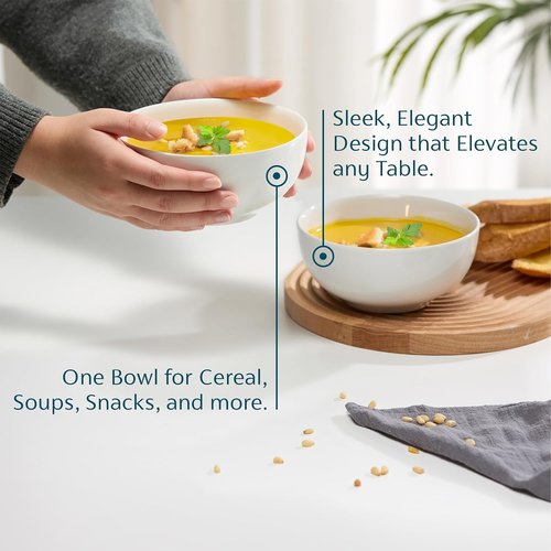 KooK Ceramic Cereal Bowls - Microwave & Dishwasher Safe Porcelain Dishes | Set of 6, 24 oz, Marshmallow White