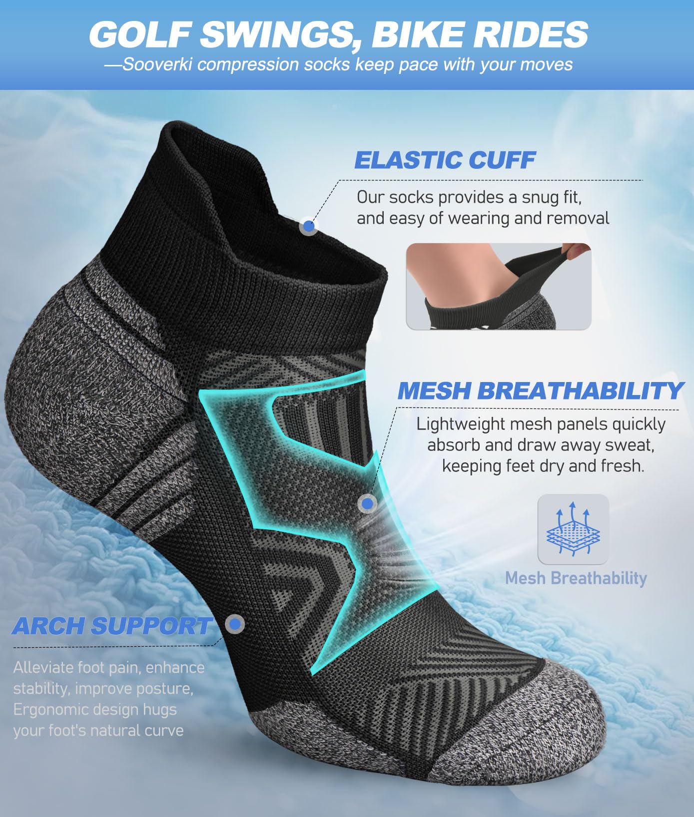 Sooverki Cushioned Cotton Ankle Compression Socks for Men Women 6 Pairs Wicking Low Cut Arch Support Plantar Fasciitis Socks Travel Runner Gifts