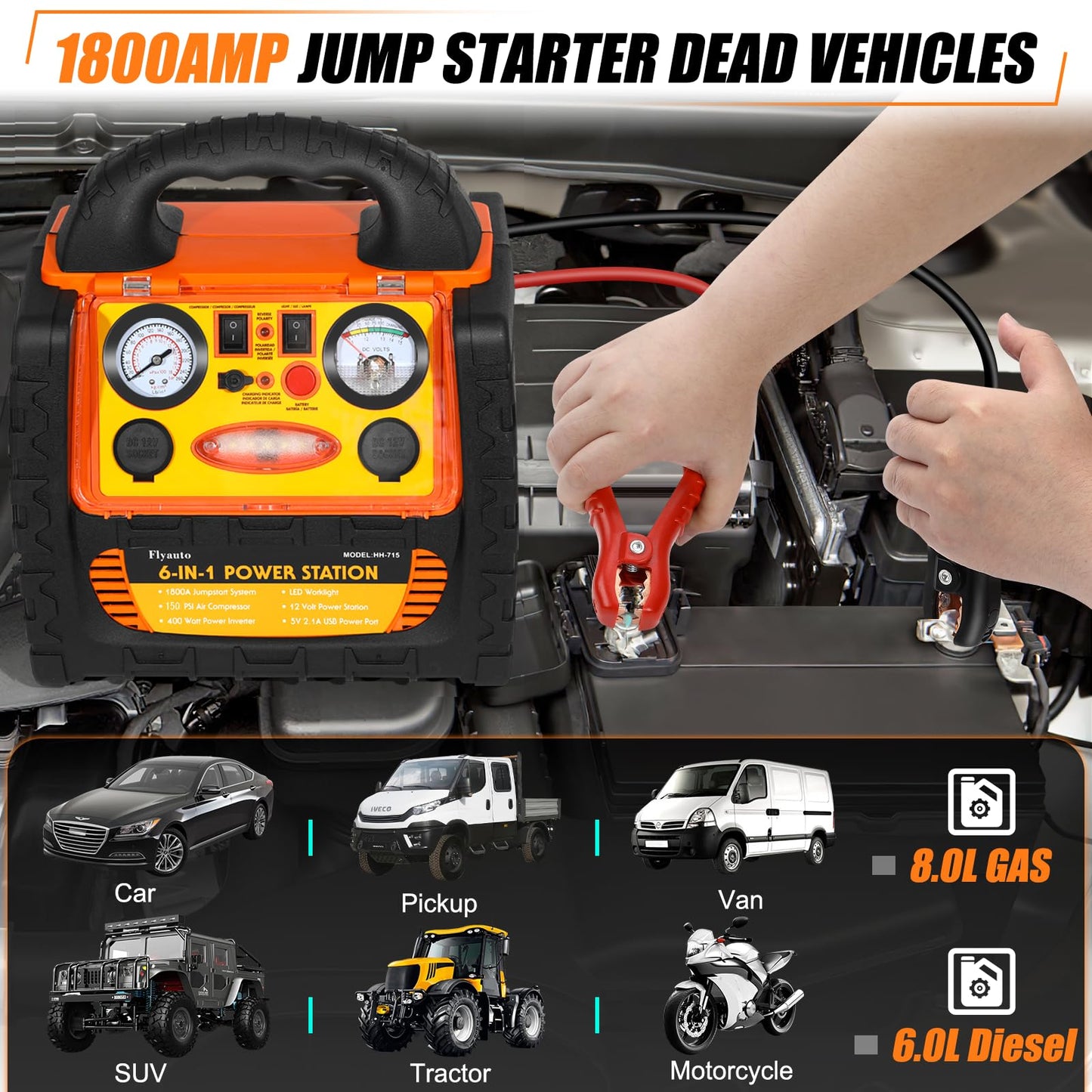 1800A Car Jump Starter with Air Compressor 150PSI,12V Portable Battery Jump Box (8.0L Gas/6L Diesel), Battery Booster with 400W Power Station AC/DC/USB
