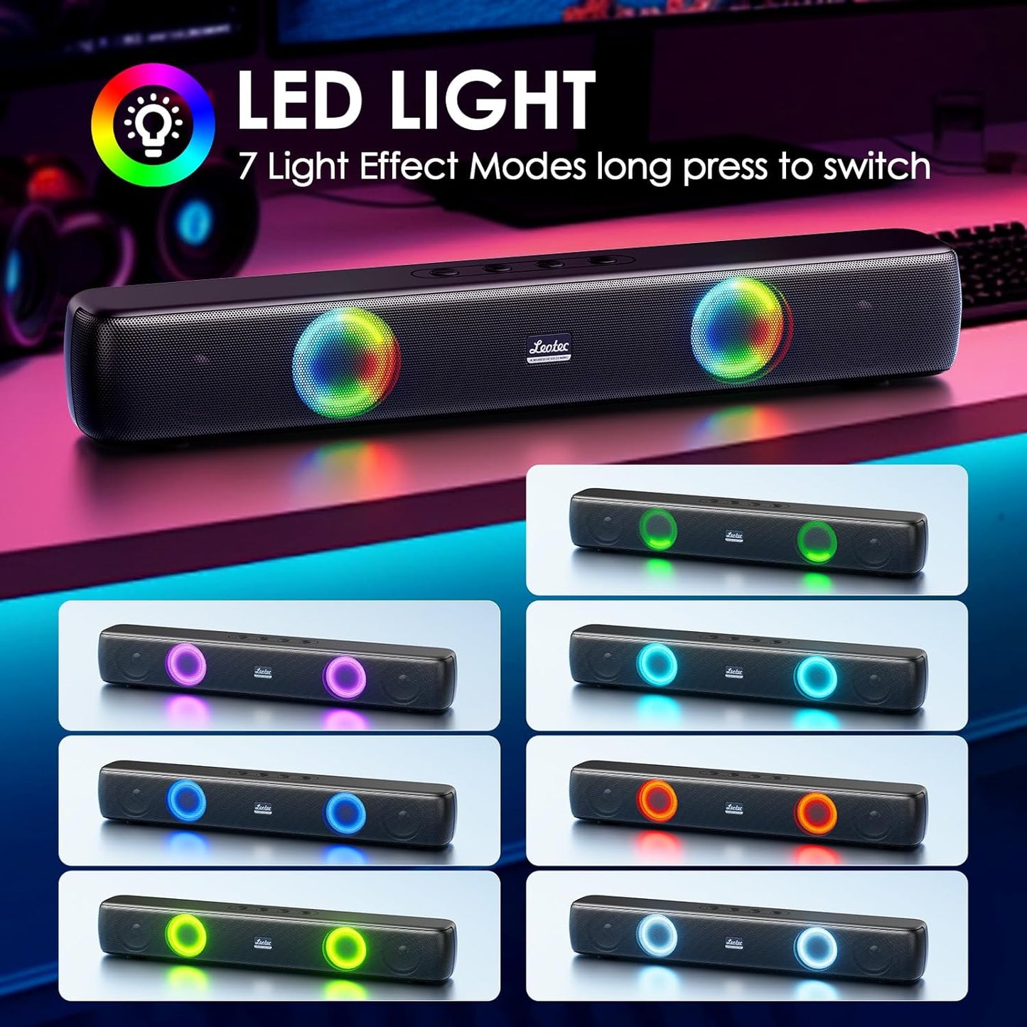 LEOTEC Computer Speakers with FM Radio,Stereo Sound,Portable Mini Sound Bar,Type-C Charging,AUX in,TF,USB for Computer