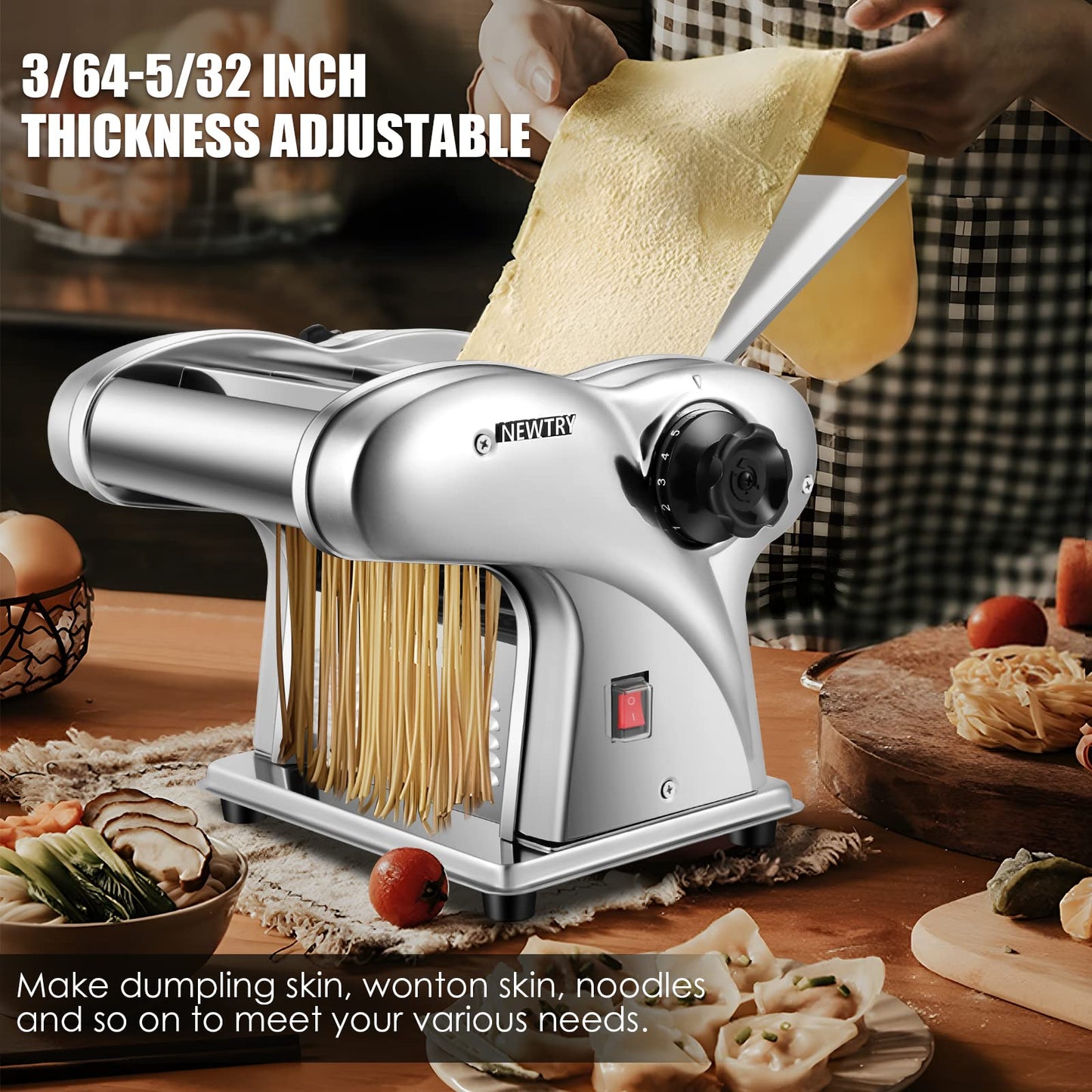 NEWTRY Electric Pasta Maker Noodle Maker Pasta Making Machine Dough Roller Cutter Thickness Adjustable Stainless Steel US 110V for Family Use 3 Blades Type