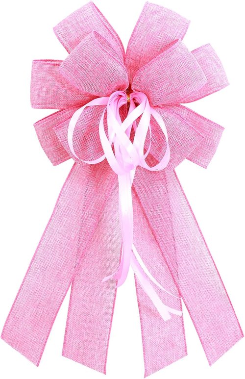 Large Pink Burlap Easter Wreath Bow - Spring Decorative Bow with String | 11.42 x 20.87 Inches