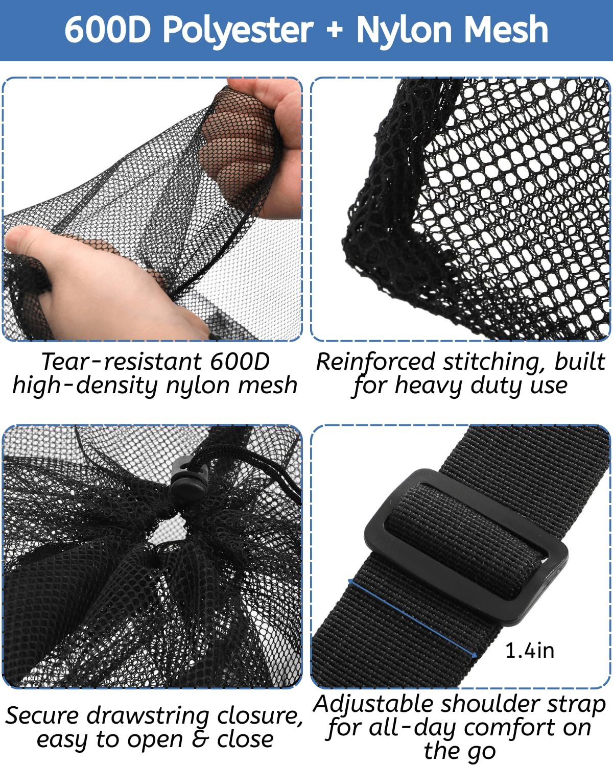 Youeon 4 Pcs Extra Large Mesh Ball Bags 30 x 40 Inch, Heavy Duty Sports Ball Bag with Drawstring Closure & Adjustable Shoulder Strap, Black Ball Storage Bags for All Kinds of Balls, Laundry