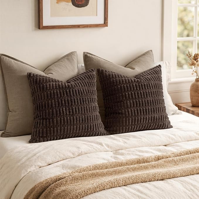 MIULEE Pack of 2 Corduroy Decorative Throw Pillow Covers 16x16 Inch Soft Boho Striped Pillow Covers Modern Farmhouse Home Decor for Sofa Living Room Couch Bed Dark Brown