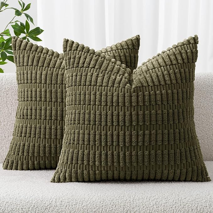 MIULEE Pack of 2 Spring Corduroy Decorative Euro Sham Throw Pillow Covers 24x24 Inch Soft Boho Striped Pillow Covers Modern Farmhouse Home Decor for Summer Sofa Living Room Couch Bed Olive Green