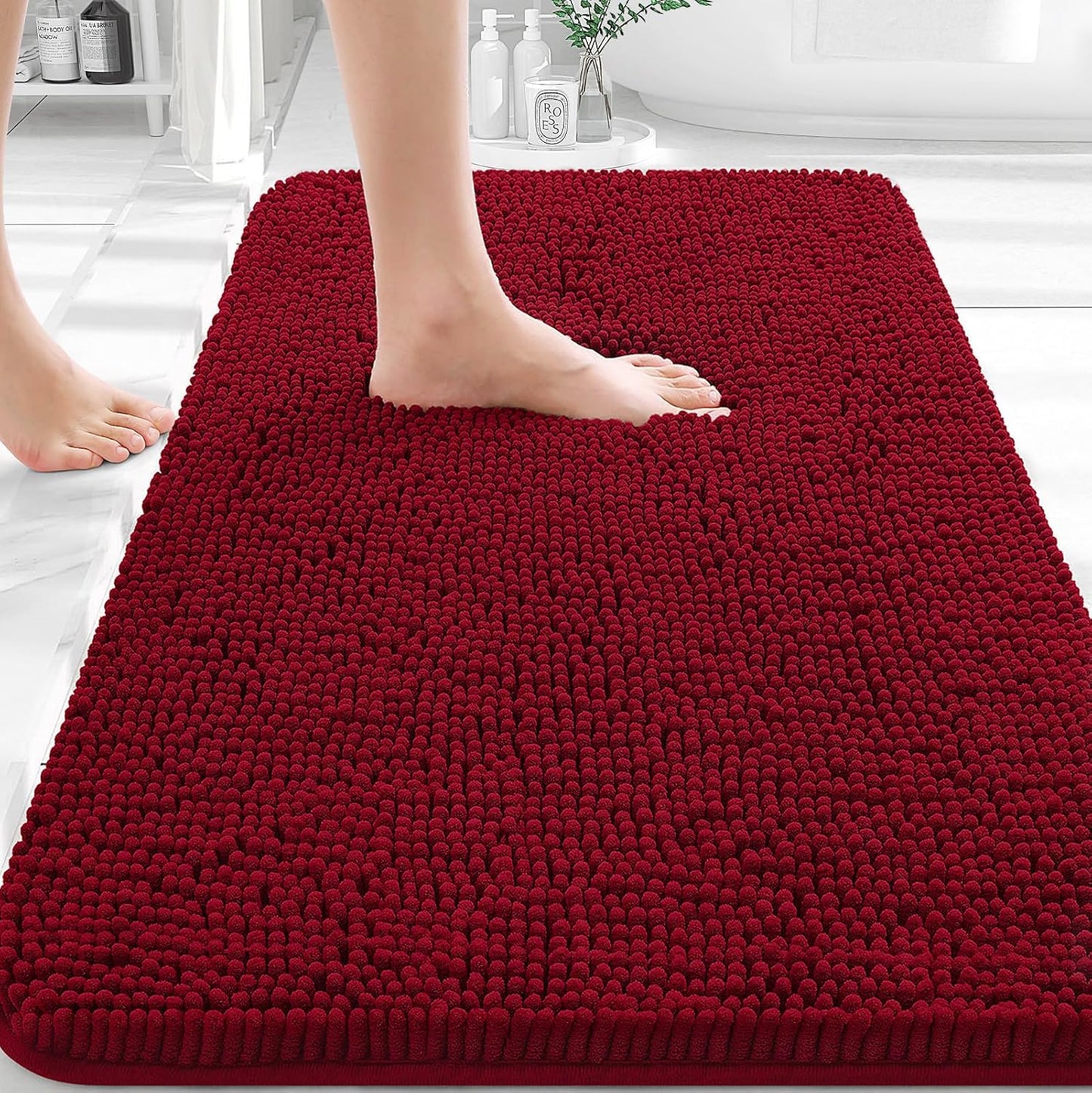OLANLY Bathroom Rugs - Extra Soft Absorbent Chenille Bath Mats | Quick Dry, Machine Washable, 30x20, Red