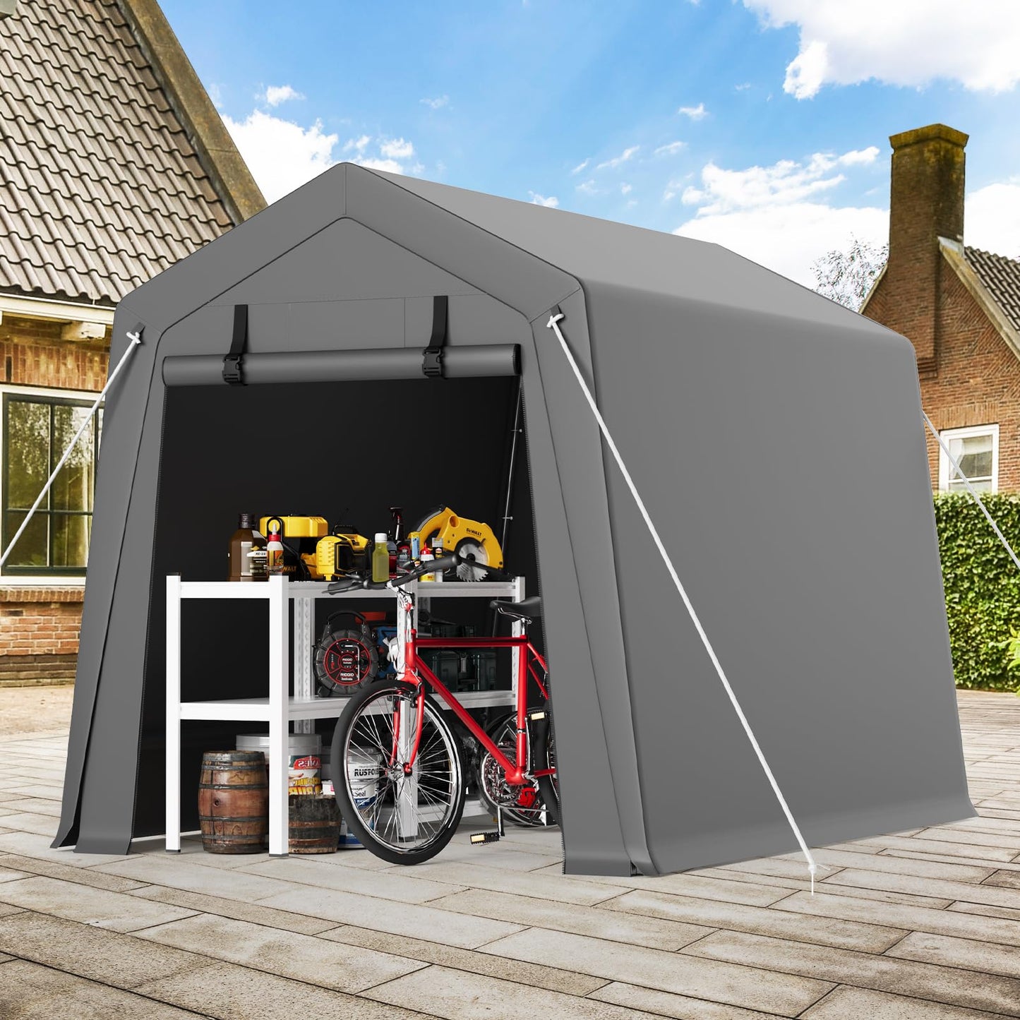 Hipicute 6'x6' Outdoor Portable Storage Shed, Waterproof & UV-Resistant Garage Shelter with 2 Roll-Up Zipper Doors, Anti-Snow Carport Tent for Motorcycle, Bike, and Outdoor Equipment, Gray