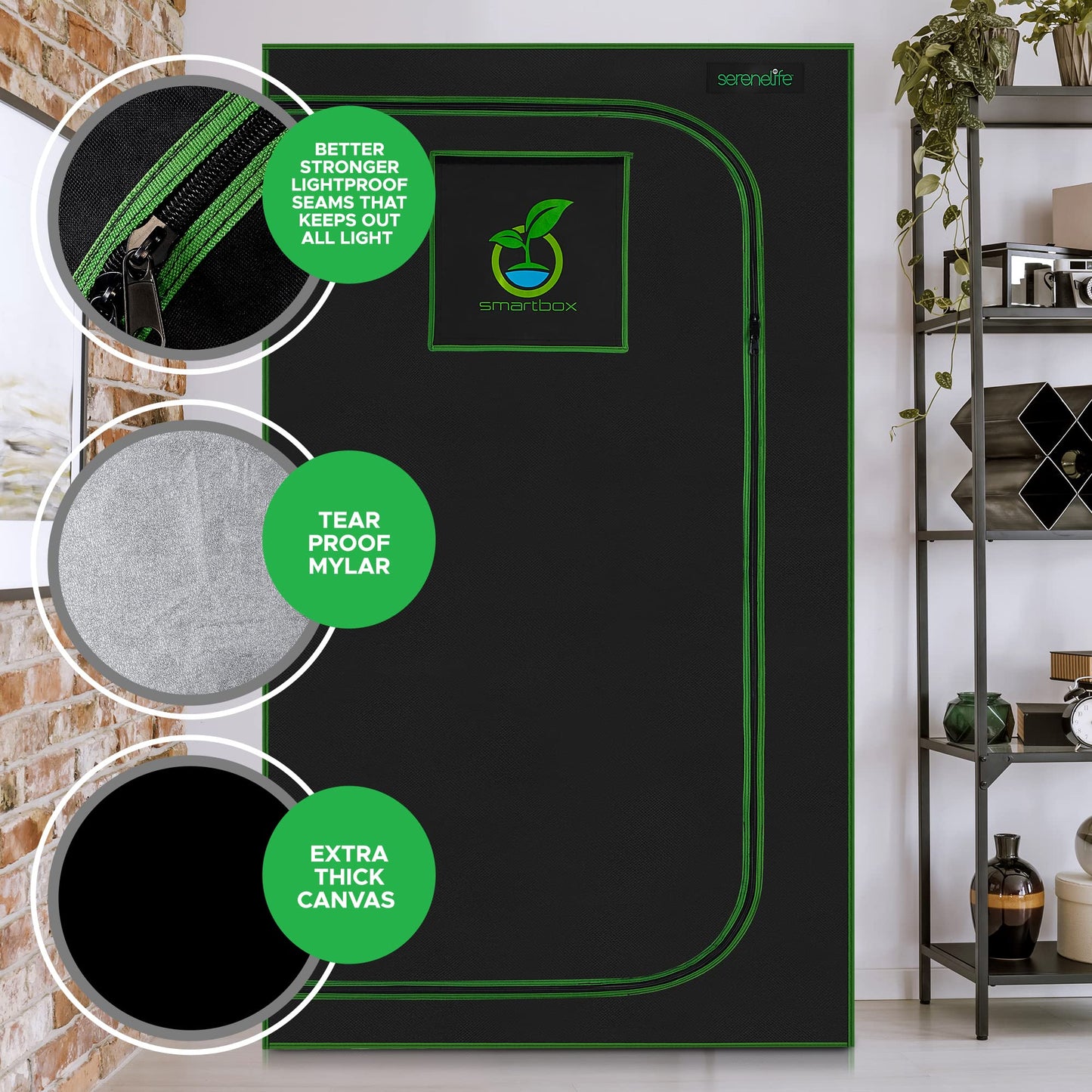 SereneLifeHome Medium Hydroponic Grow Tent Garden-48'' x 48'' x 80'' Indoor Plant Growing System w/Durable Reflective 600D Mylar,Observation Window-Includes Removable Floor Tray,Black,Green,SLGT48M